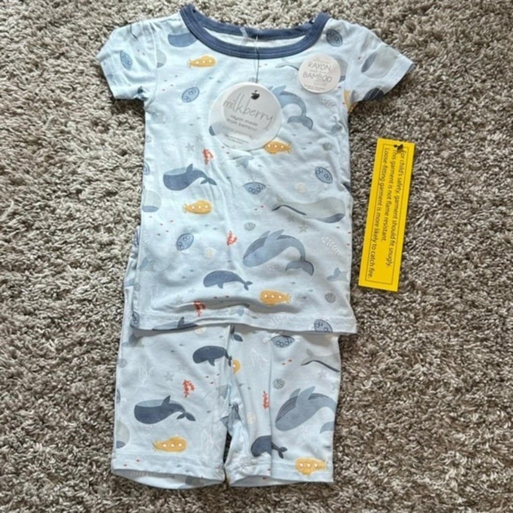 Milkberry Baby Pajamas 18M Rayon Bamboo Whale Ocean Sea‎ Print 2 Piece Set NWT